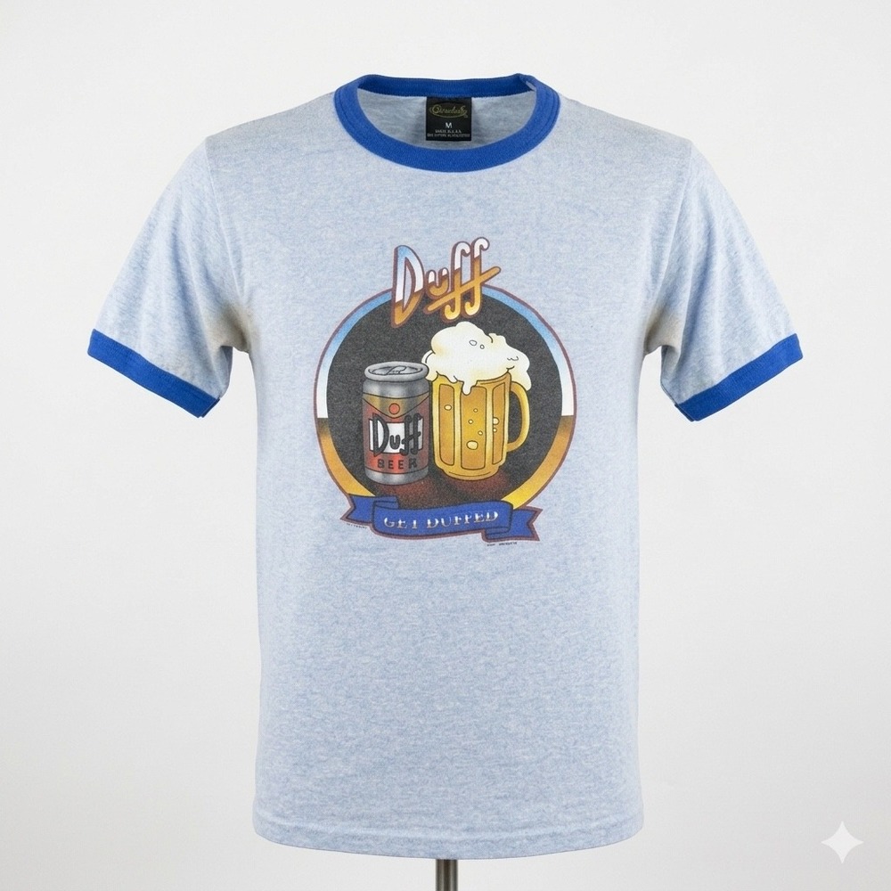 Vintage The Simpsons Duff Beer Ringer T-Shirt Get Duffed Blue Heather Medium 90s